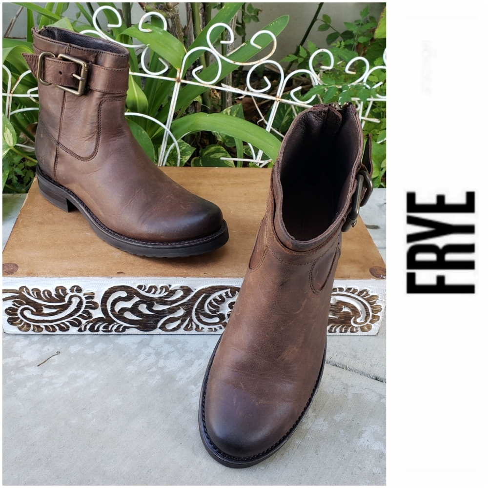 Edgy Frye Brown Distressed Leather Moto Booties